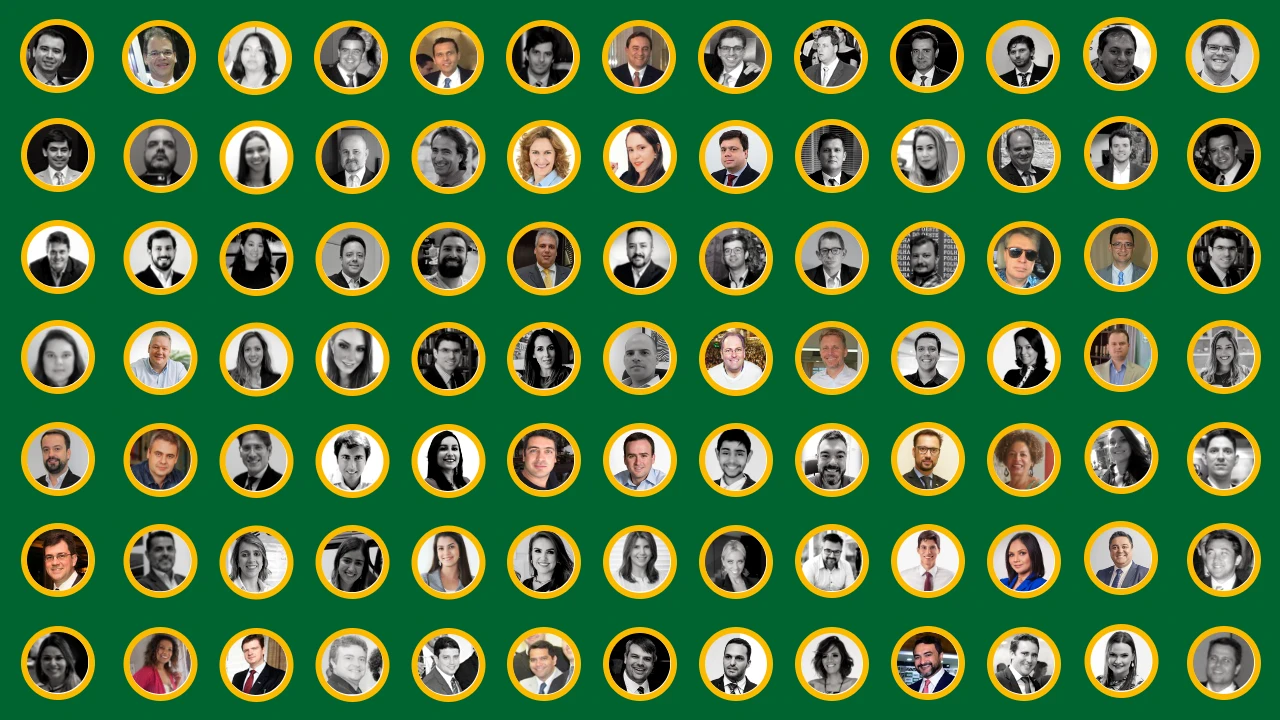 Mosaico com dezenas de rostos de ex-Conajeanos, em círculos amarelos sobre fundo verde